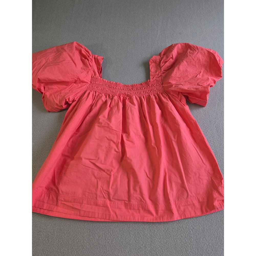 Maeve Anthropologie Blouse Womens Medium Coral Pink Puff Sleeve Smocked Square